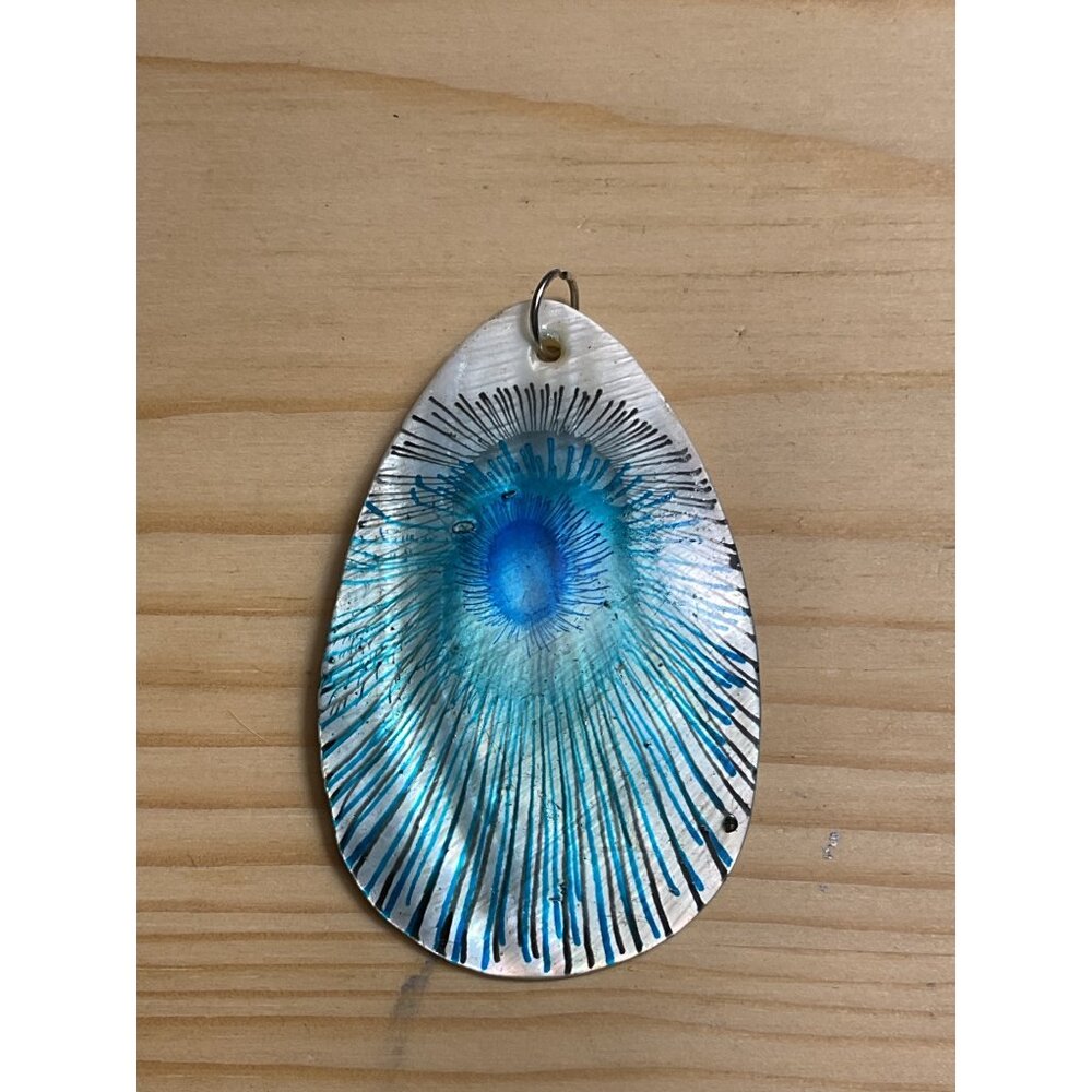 Hand Painted Peakcock Feather Tear Drop Shell Pendant